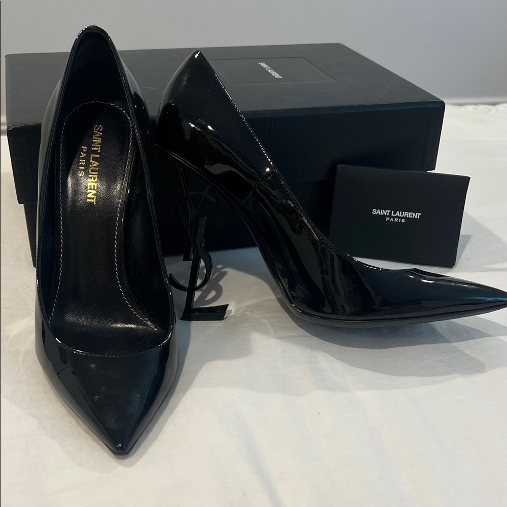 Saint Laurent Monogram Logo Patent Leather Black Heels